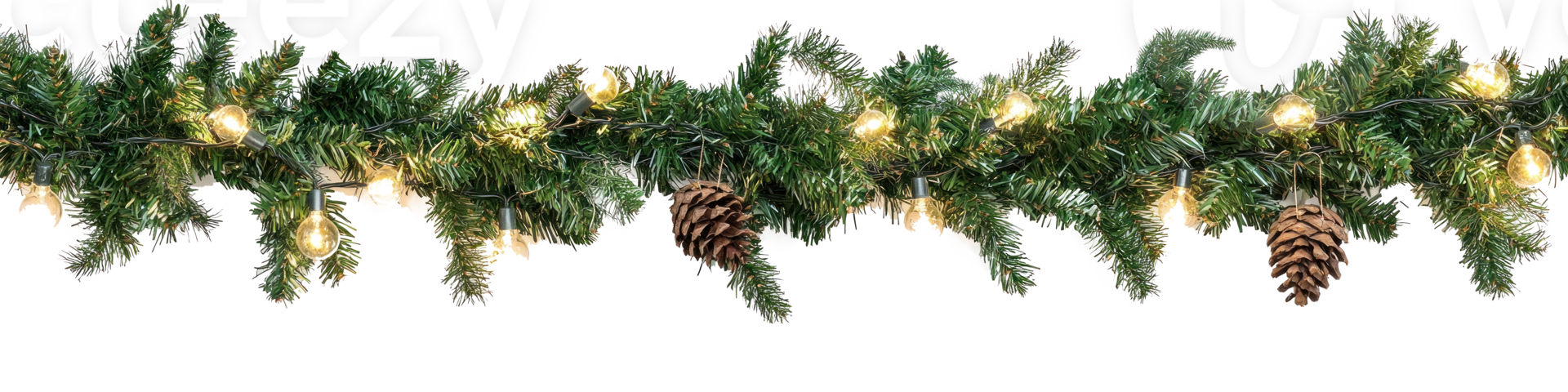 garland with pine branches and lights hanging isolate on transparent background png