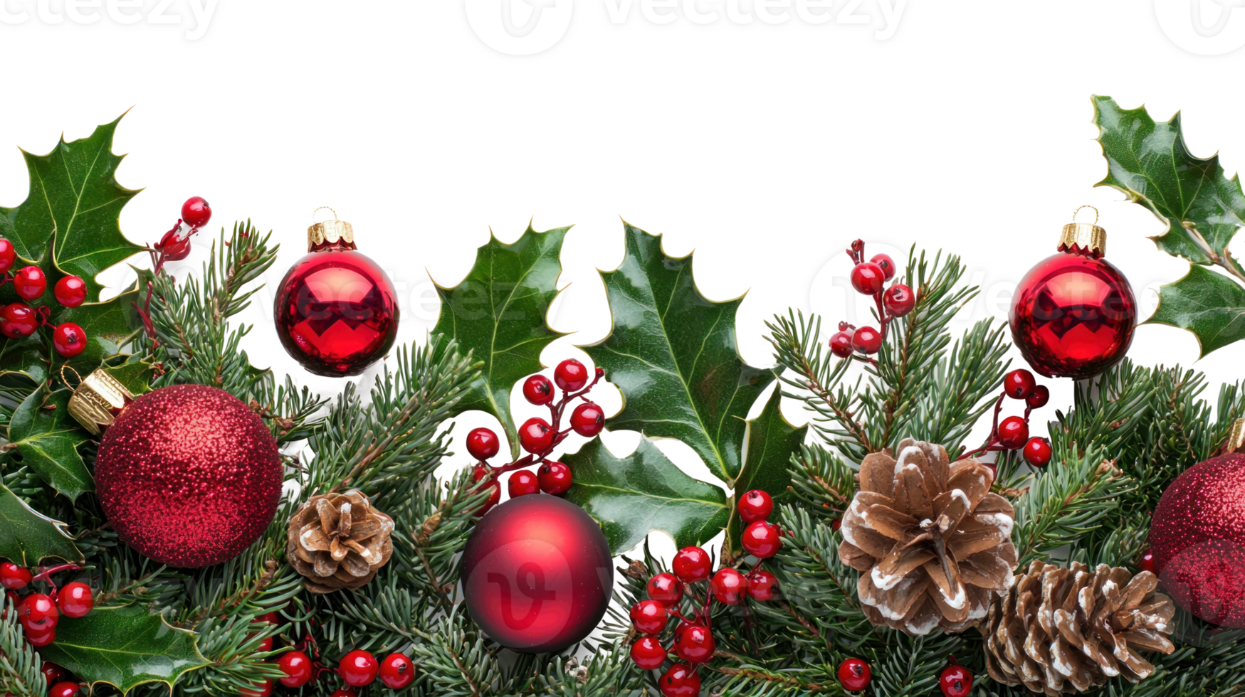 Christmas border Holly Berry Mistletoe Ivy Fir and red Bauble isolate on transparent background png