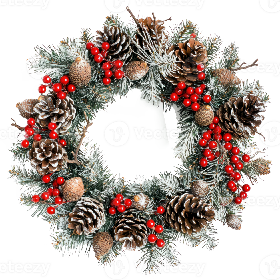 Christmas wreath with pine cones, red berries and acorns isolate on transparent background png