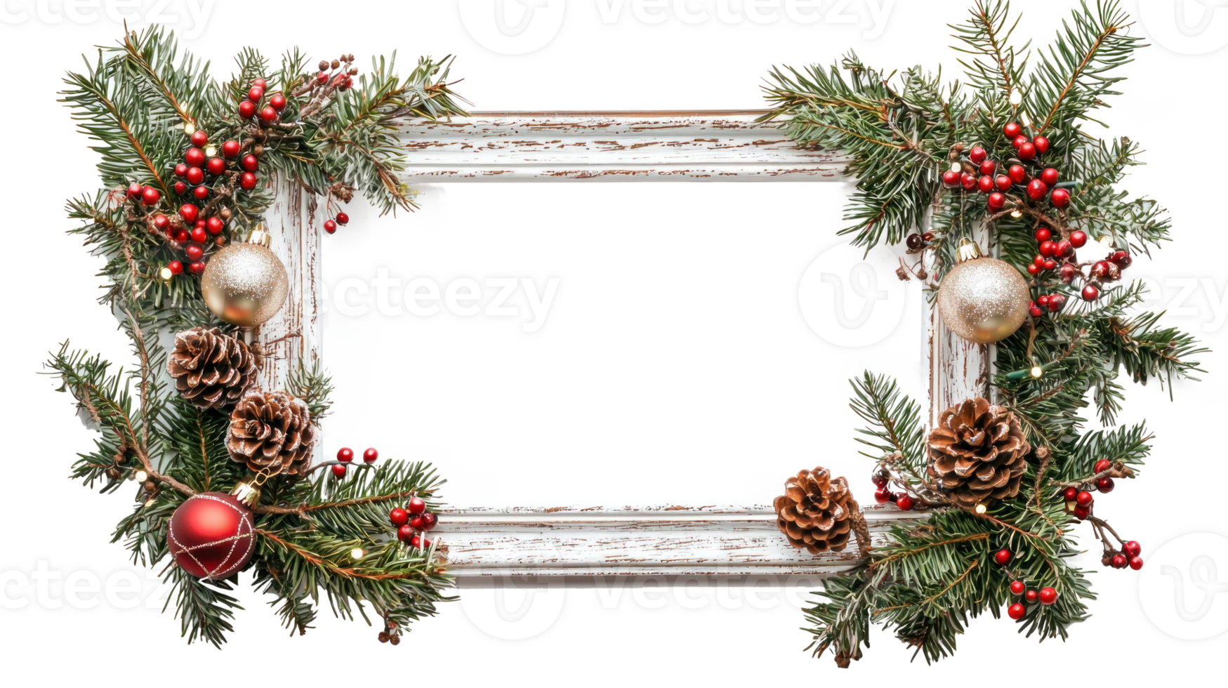 Christmas white wood frame photo, pine branches, light and Christmas decoration isolate on transparent background png