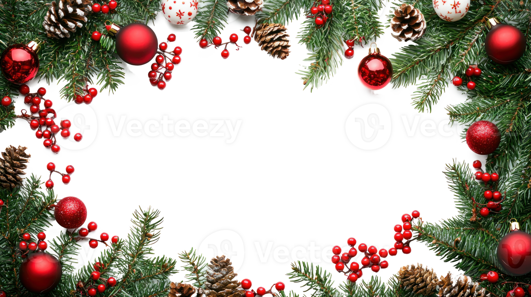 Christmas border frame green fir with pine tree, red balls and berries, cones and candies isolate on transparent background png