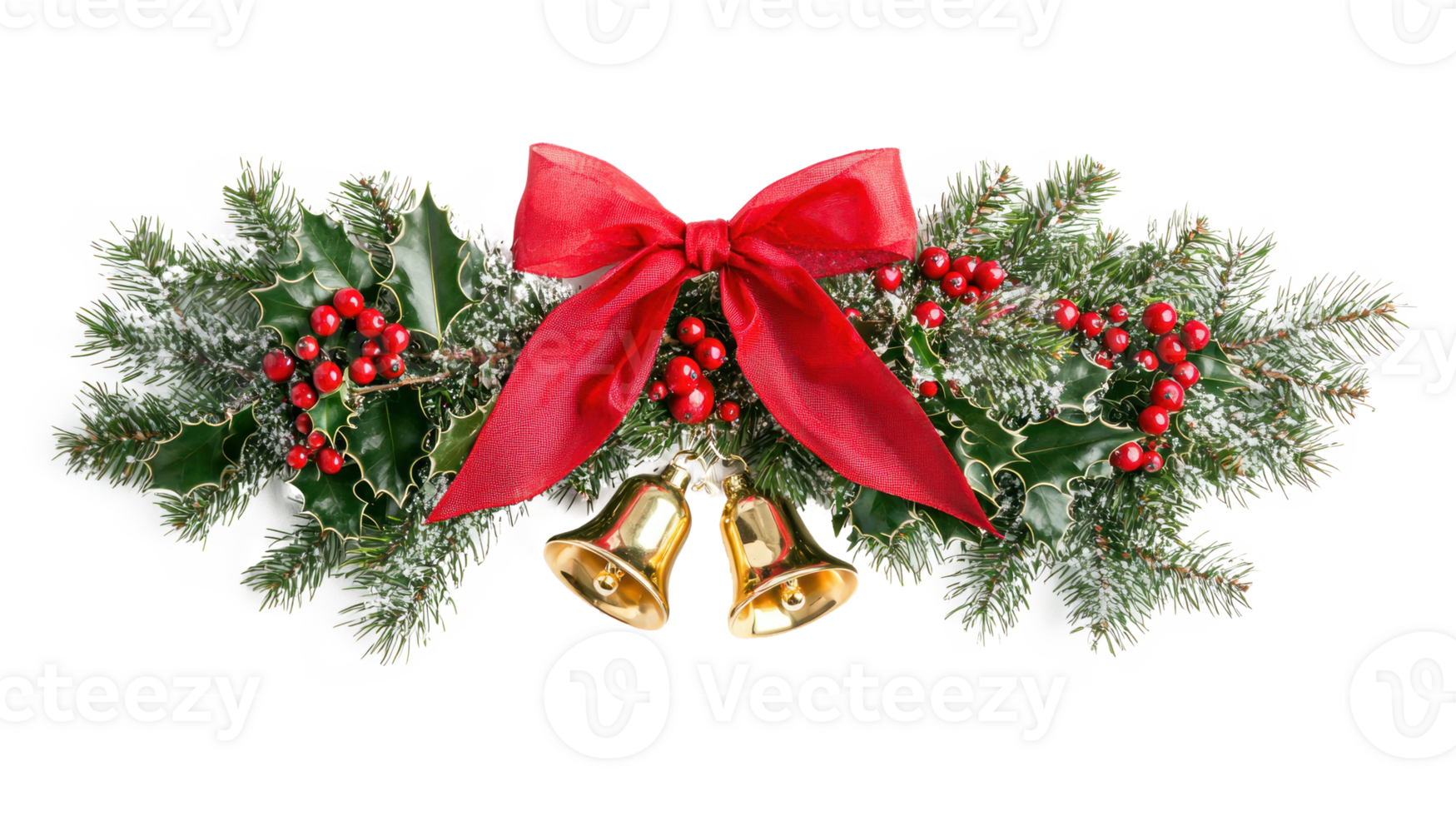 Christmas pine and holly swag with big red ribbon and two new shiny gold bells isolate on transparent background png