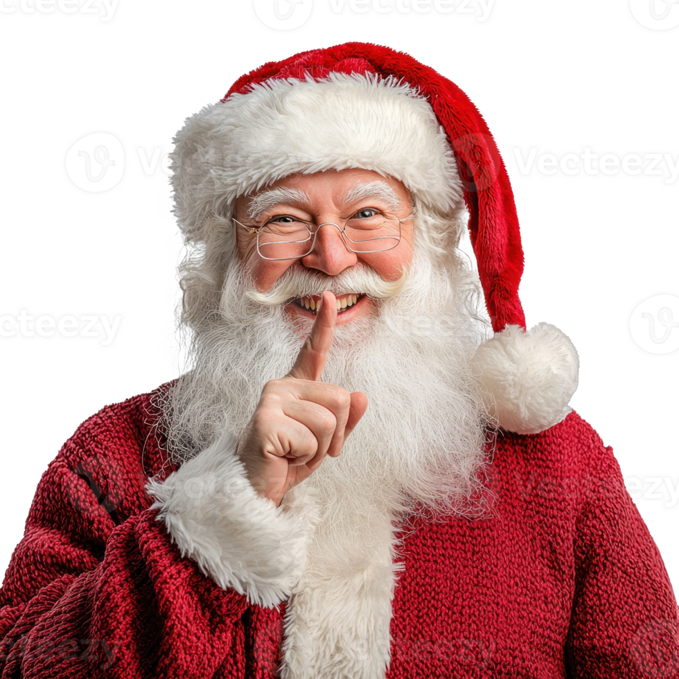 Smiling Santa Claus with finger on lip gesture isolate on transparent background png