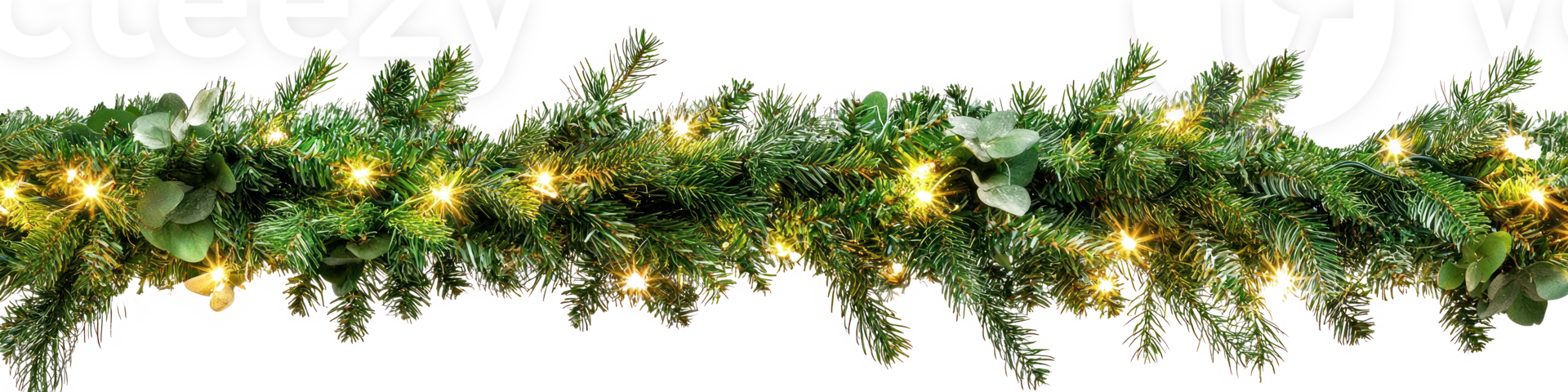 garland with pine branches and lights hanging isolate on transparent background png