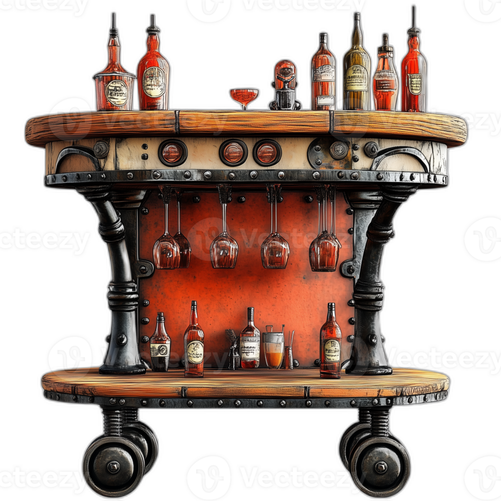 steampunk bar vagn möbel bit, möbel estetik png