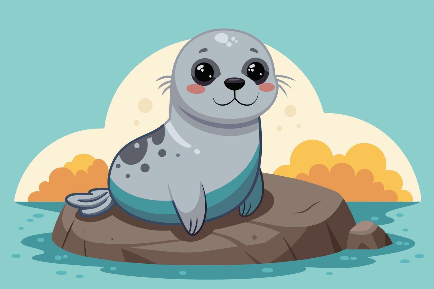 Cute cartoon seal resting on a rock surrounded by calm waters and a colorful sunset in the background vector