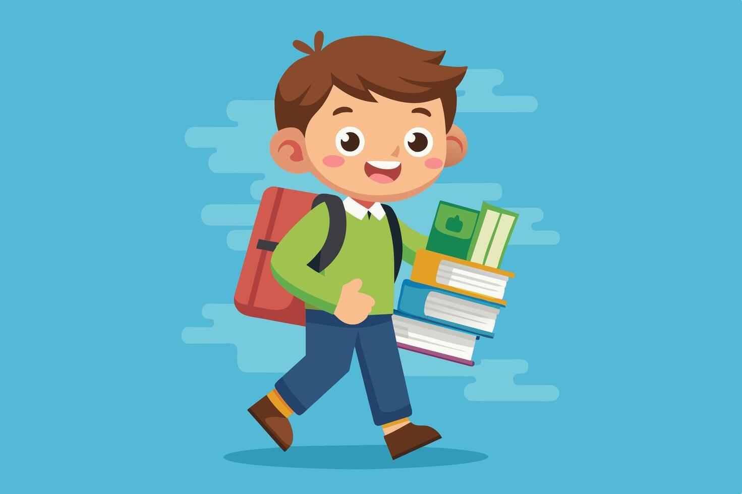 Cheerful schoolboy with backpack happily carrying books while walking on a bright blue background vector