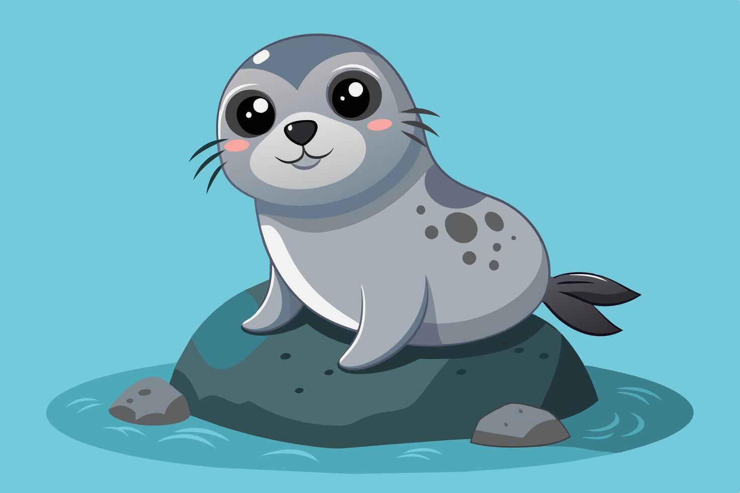 Cute cartoon seal sitting on a rock in a tranquil blue ocean, enjoying a sunny day with a playful demeanor vector