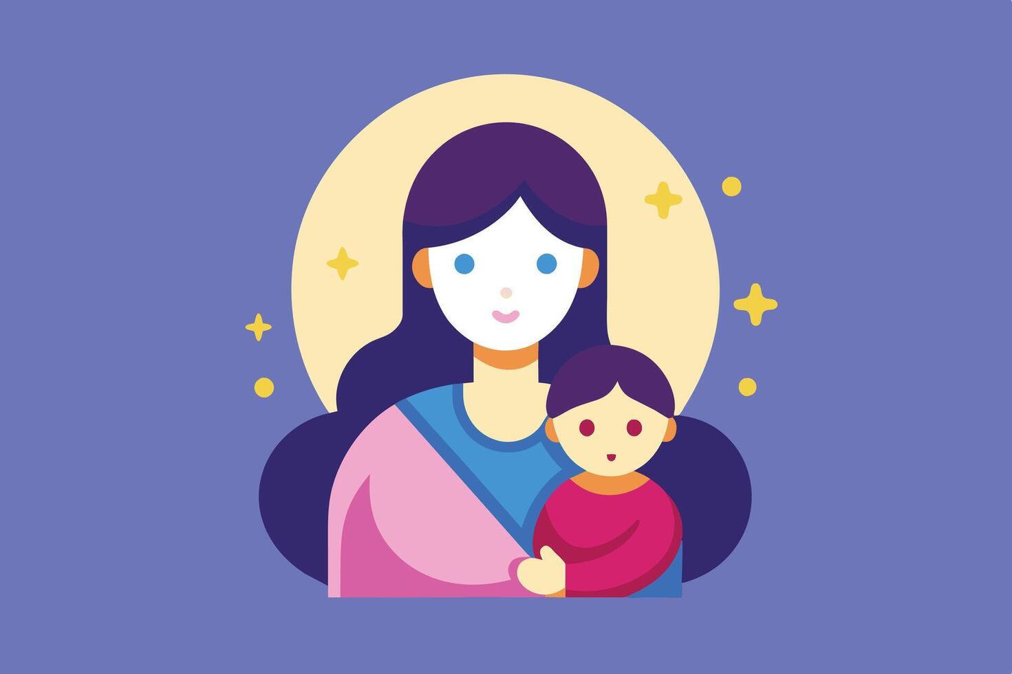 Illustration of a mother holding her child against a starry background in a colorful design style vector