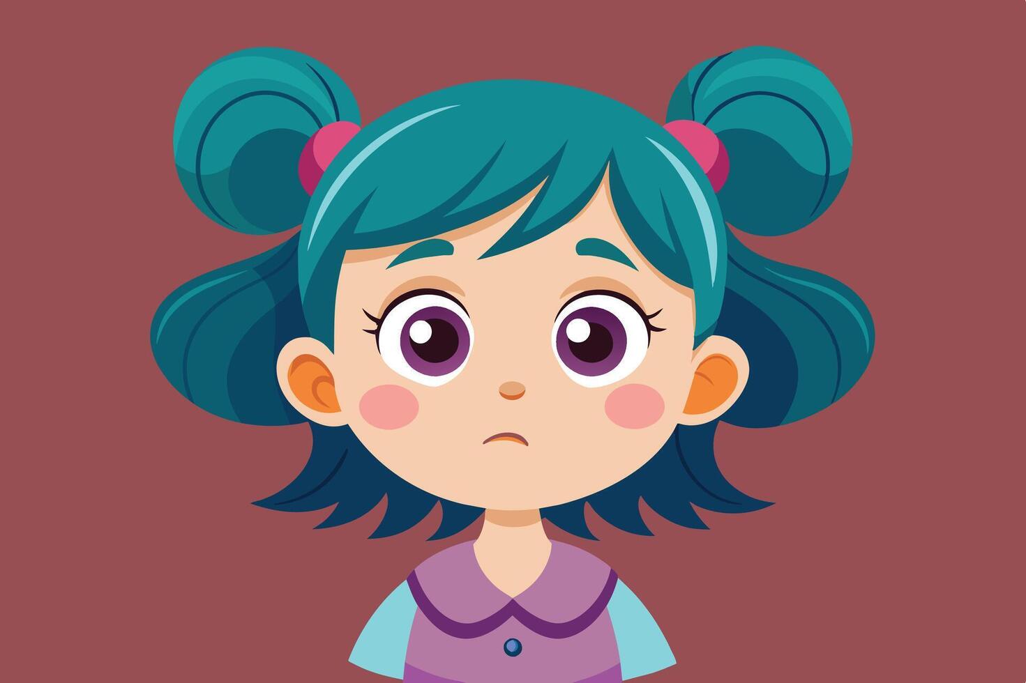 A girl with teal hair and expressive eyes looking curious, front view, set against a simple maroon background vector