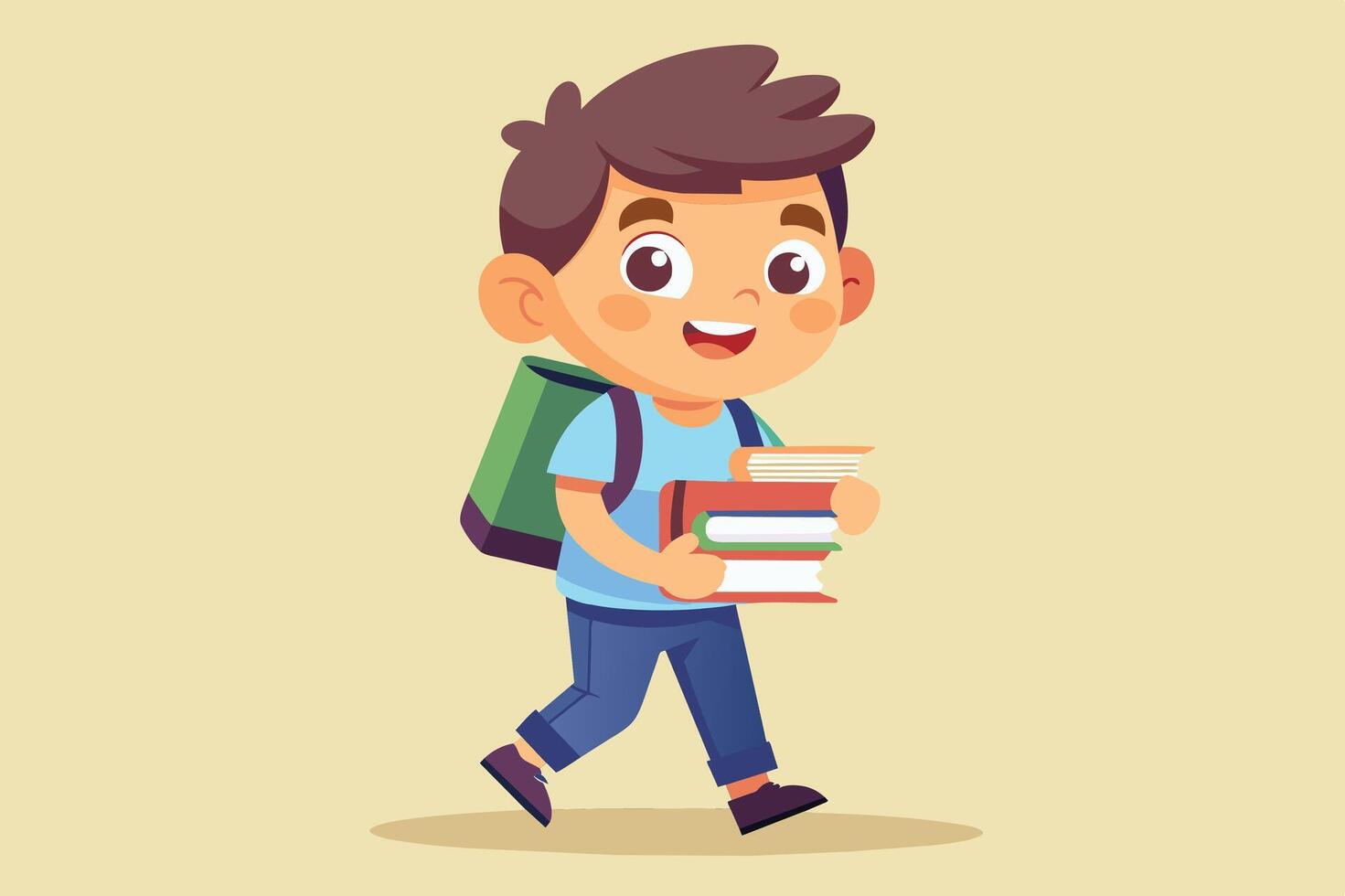 Young boy happily carrying books while walking to school with a backpack in a cheerful and bright setting vector