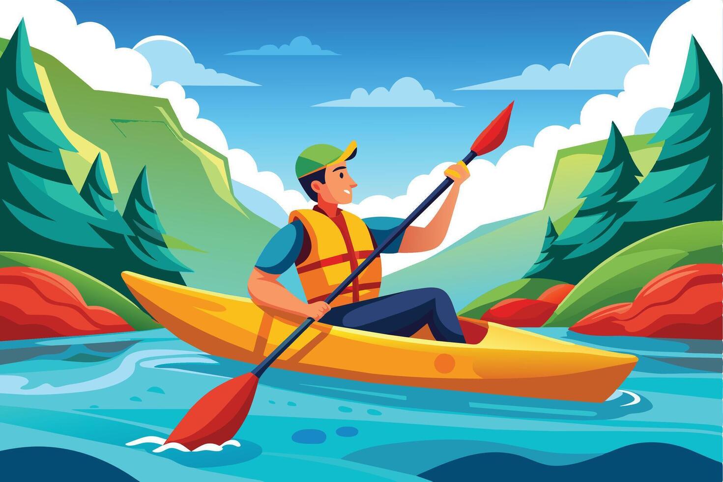 A person kayaking on a calm river surrounded by trees and mountains, enjoying a sunny day in nature vector