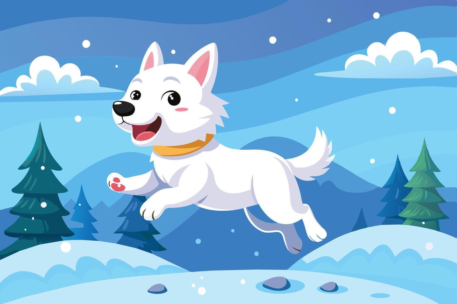 A cheerful white dog happily leaps through a snowy landscape surrounded by evergreen trees on a bright winter day vector