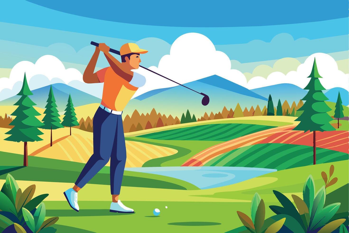 A golfer swings his club on a vibrant course surrounded by mountains and green fields under a bright blue sky in the afternoon vector