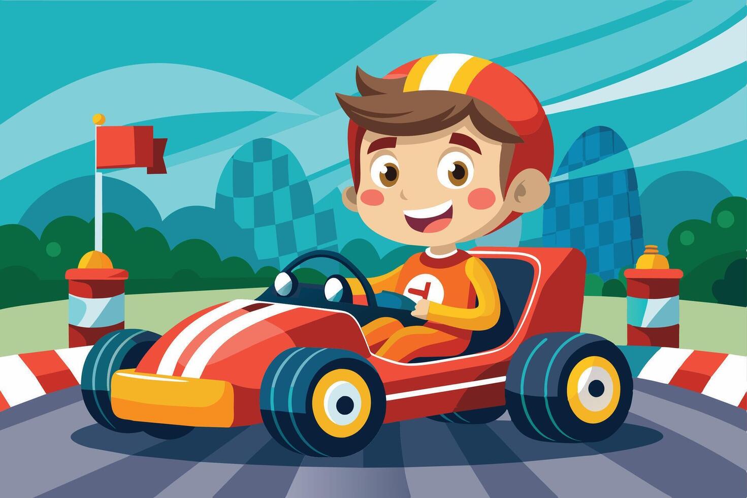 A young boy enjoys driving his go-kart on a racetrack surrounded by colorful flags and cheering spectators in a bright, sunny setting vector
