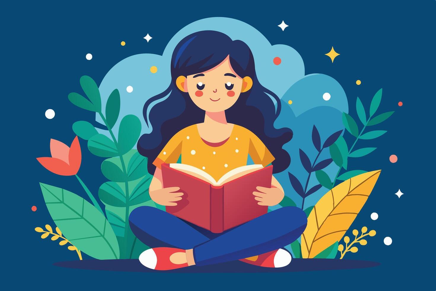 A girl reading a book while sitting cross-legged in a lush garden surrounded by colorful plants and whimsical clouds on a sunny day vector