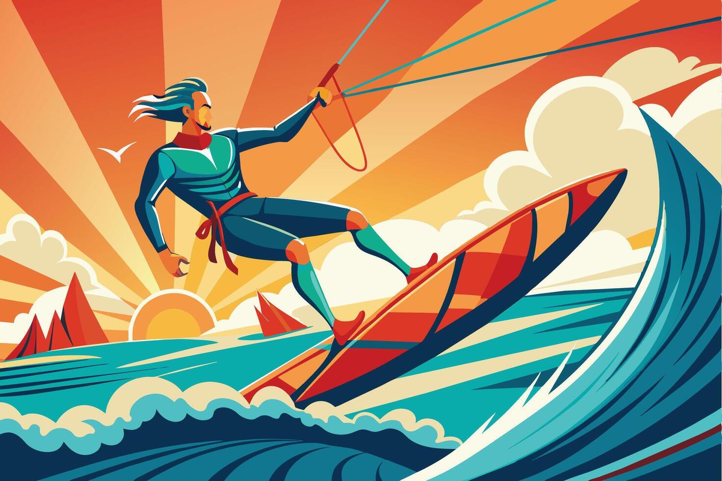 Energetic kitesurfer riding the waves during a vibrant sunset at the ocean beach brimming with colors and excitement vector