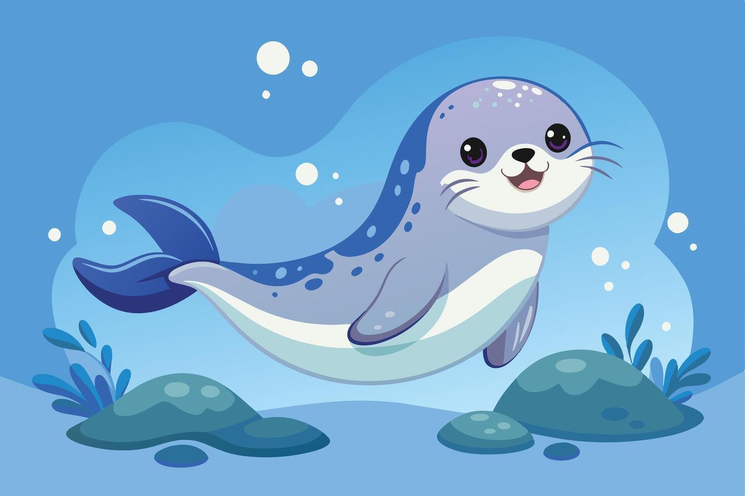 Cute cartoon seal swimming happily in a colorful underwater setting with bubbles and plants during a sunny day vector