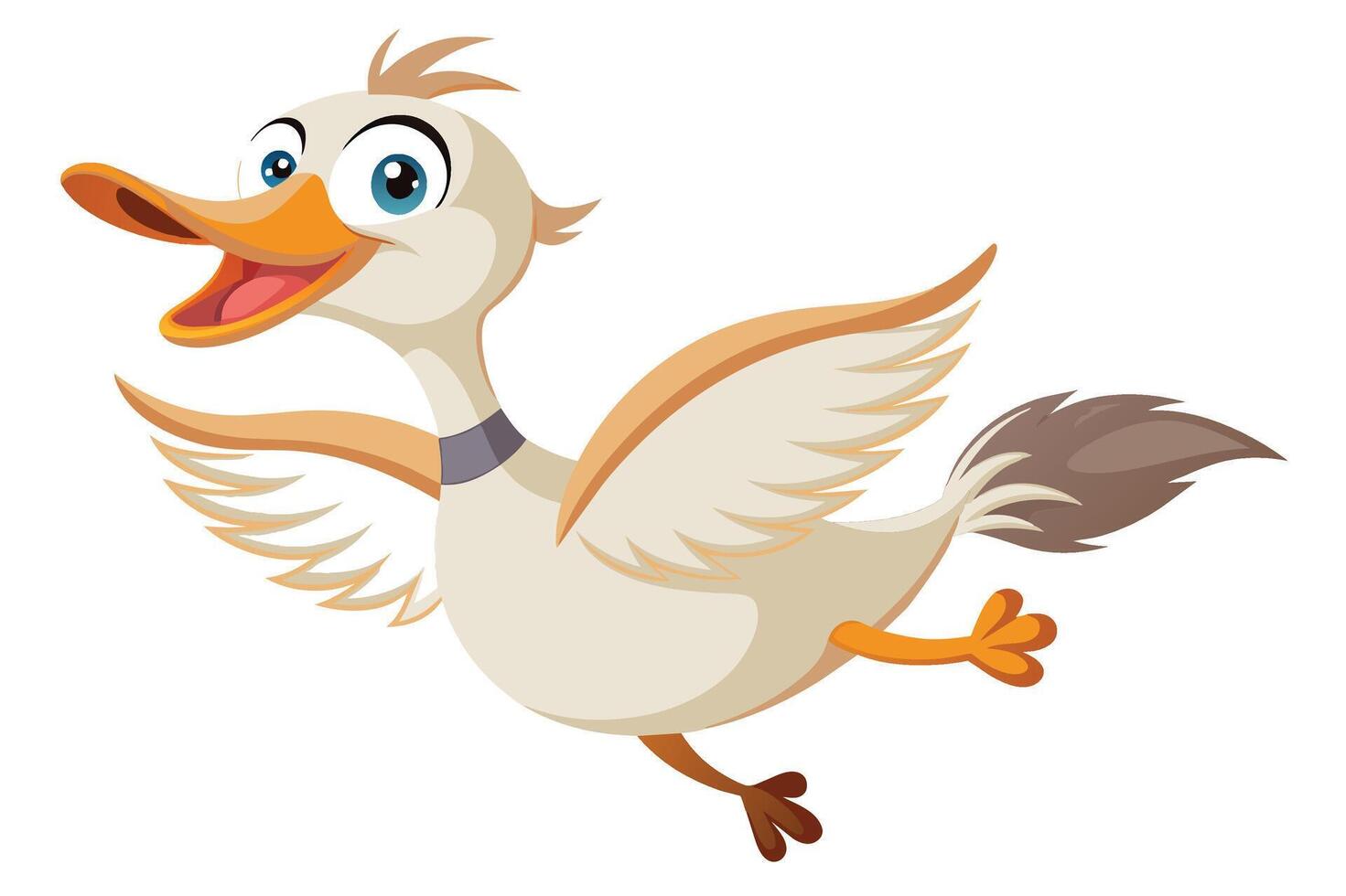 Happy cartoon duck flying through the air with a cheerful expression and flapping wings in a fun animated style vector