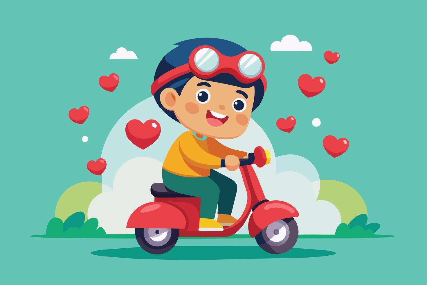 Happy child riding a red scooter with a playful expression, surrounded by heart shapes on a colorful background vector