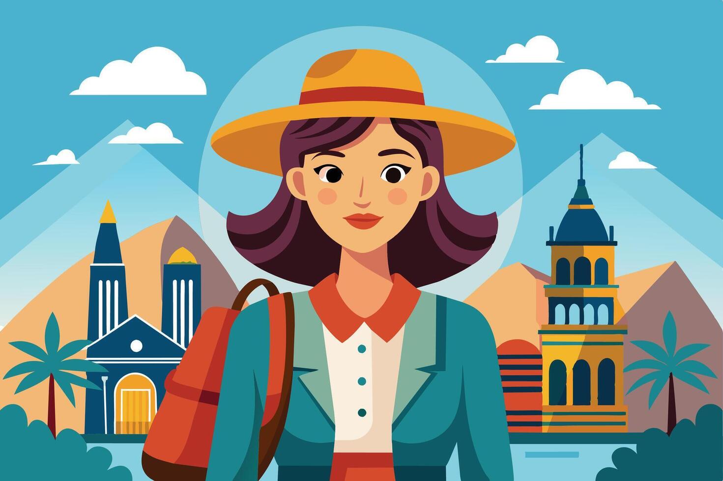 A woman wearing a hat and a backpack enjoys her adventure in a vibrant landscape featuring mountains, palm trees, and colorful buildings vector