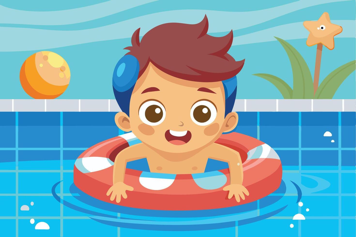 Happy child enjoying a summer day in a pool with a colorful float and toys in the background during daytime vector