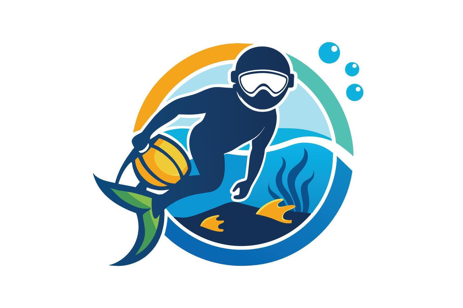 A scuba diver exploring underwater life with marine plants and fish, capturing the beauty of the ocean on a sunny day vector
