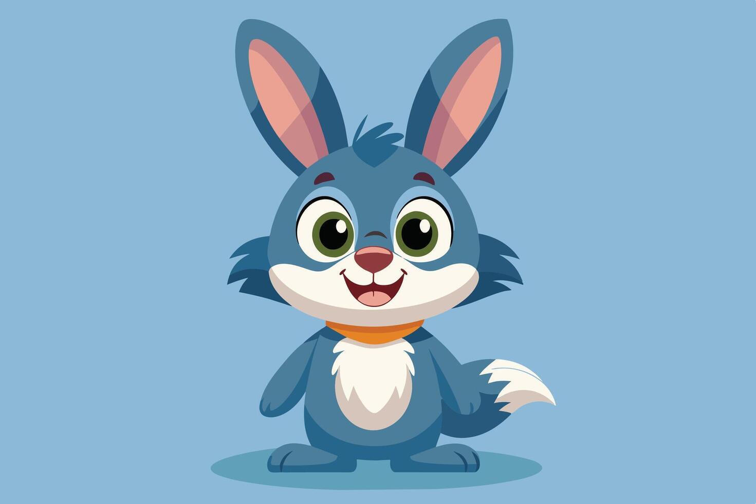 Cute blue cartoon rabbit with large ears and a fluffy tail stands against a light blue background, smiling cheerfully vector
