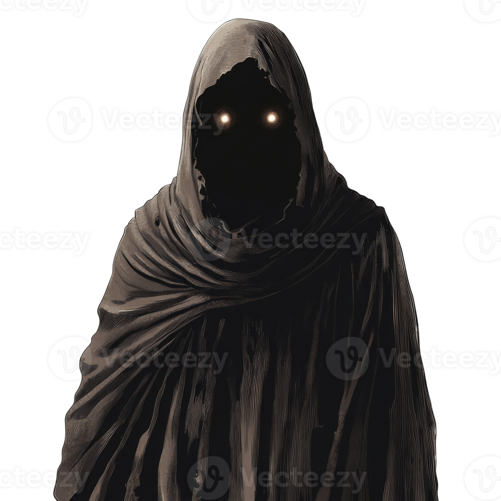 Mysterious hooded figure with glowing eyes appears png