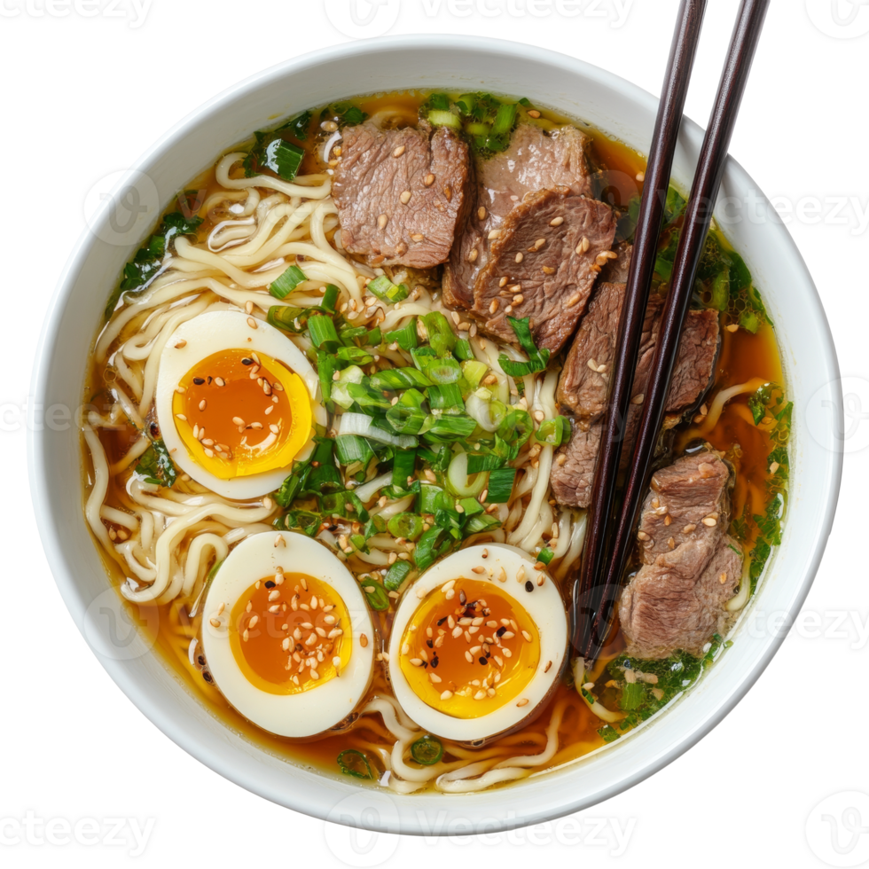 Savory ramen bowl with soft boiled eggs and beef png