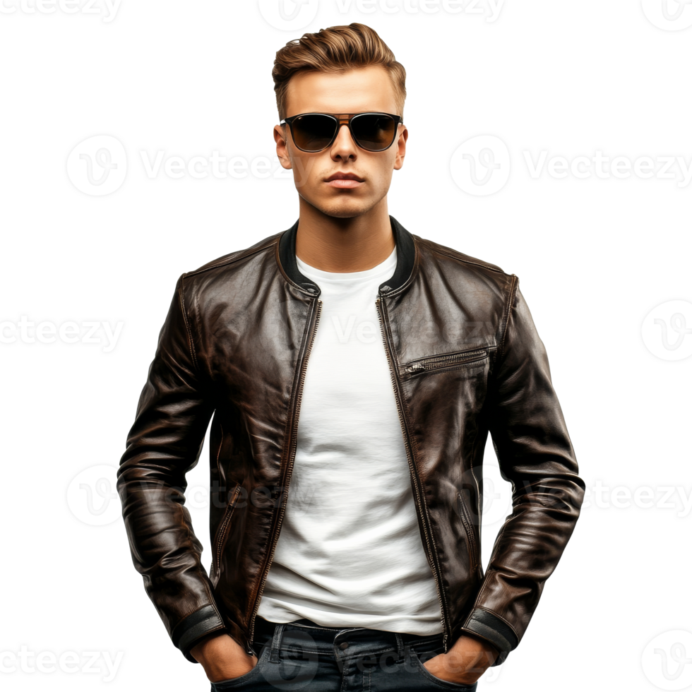 Confident young man in leather jacket png