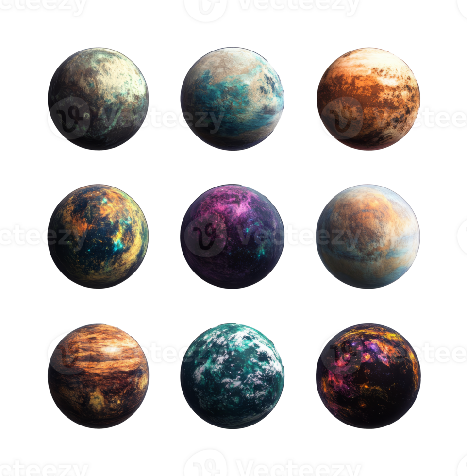 Diverse celestial bodies with unique textures png