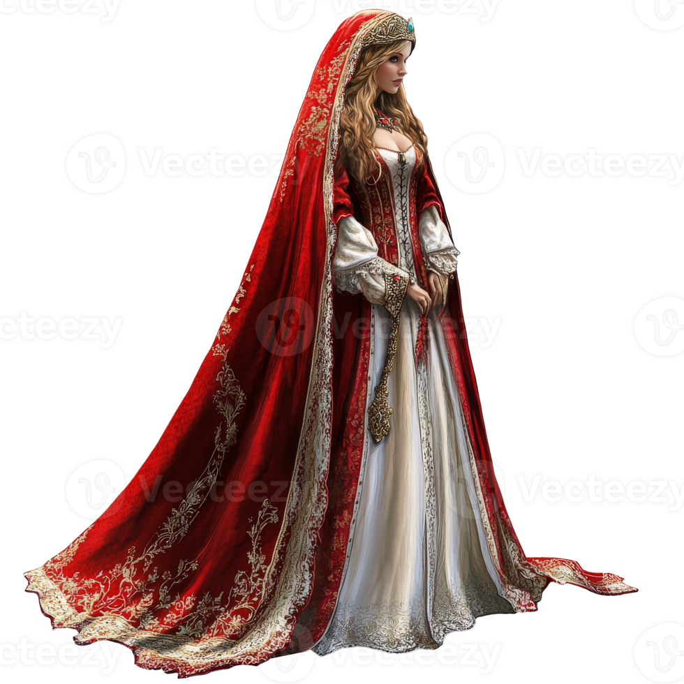 Elegant woman in medieval attire with red cloak png