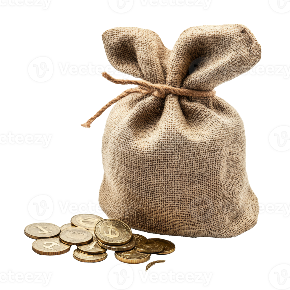 Money bag filled with coins on a white background png