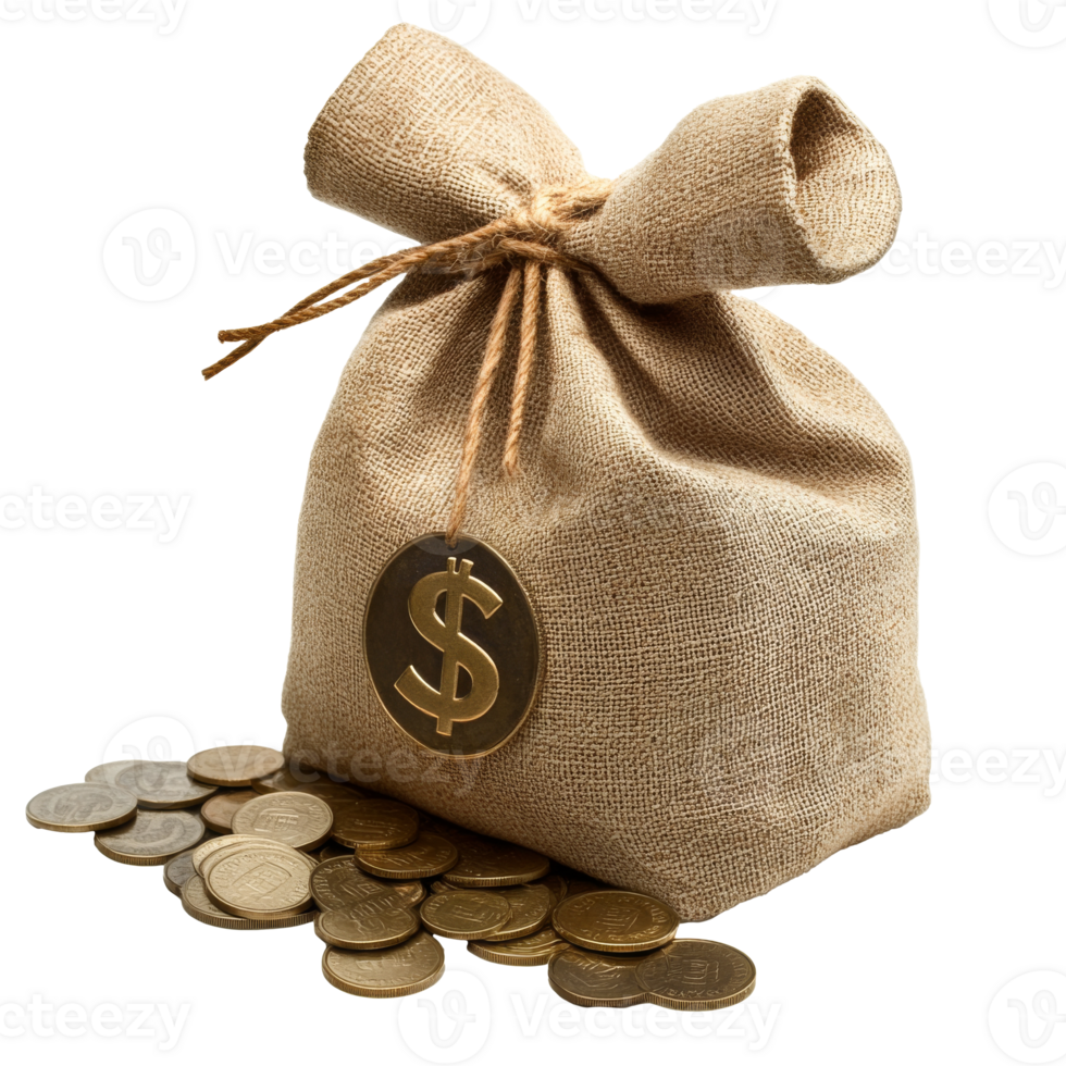 Burlap bag filled with coins and a dollar sign png