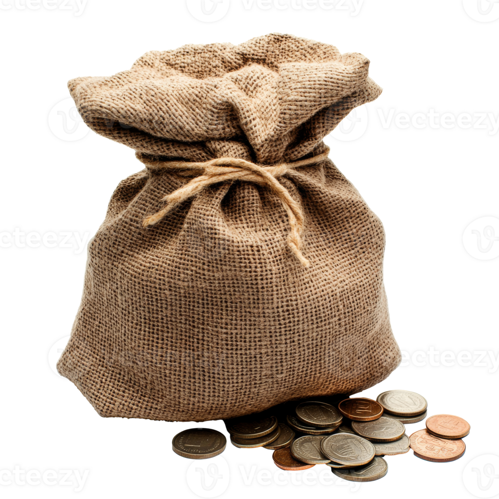 Burlap sack full of coins beside scattered change png