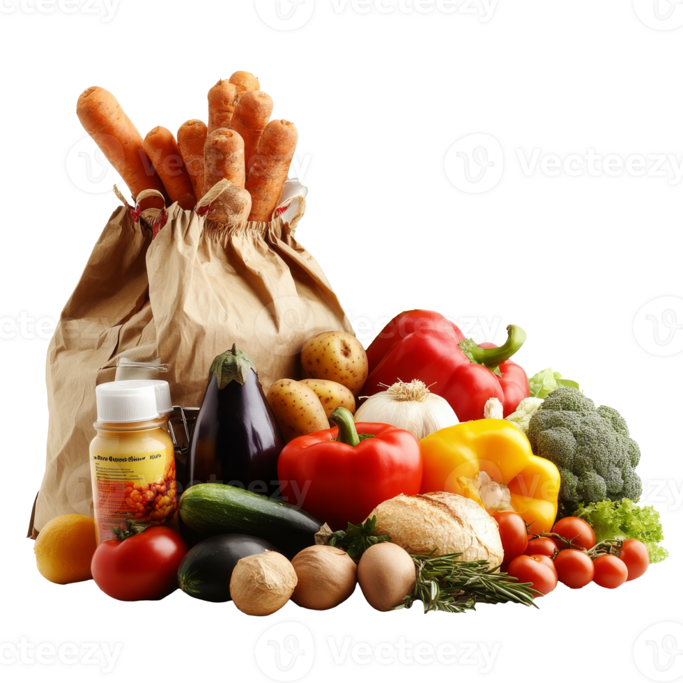 Fresh produce and groceries in a paper bag png