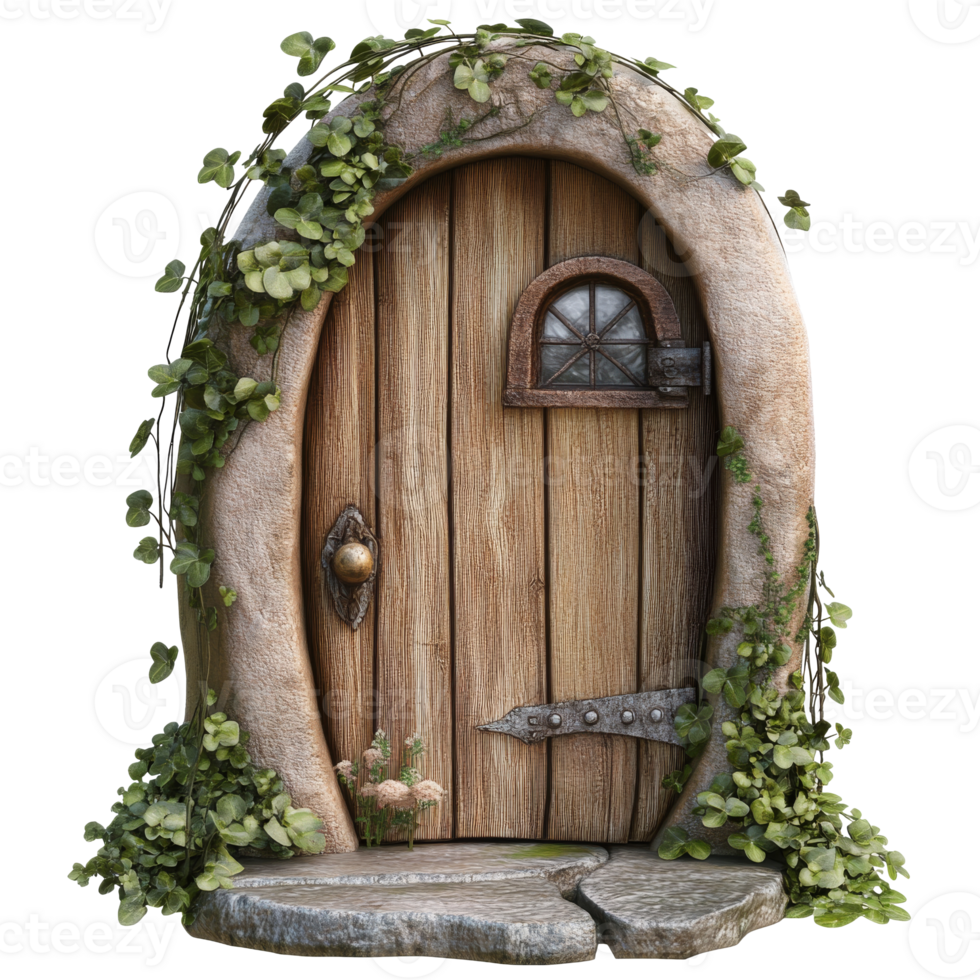 Tiny wooden door surrounded by lush greenery png