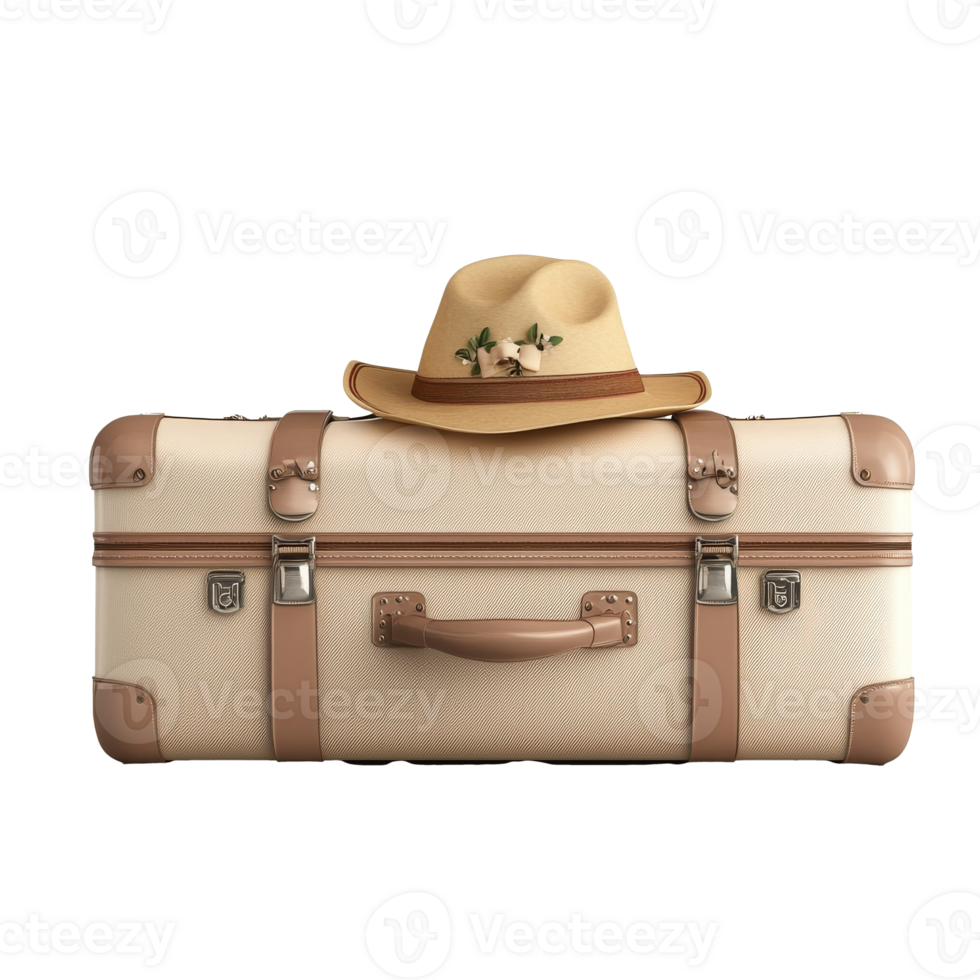 Stylish travel suitcase with a hat on top png