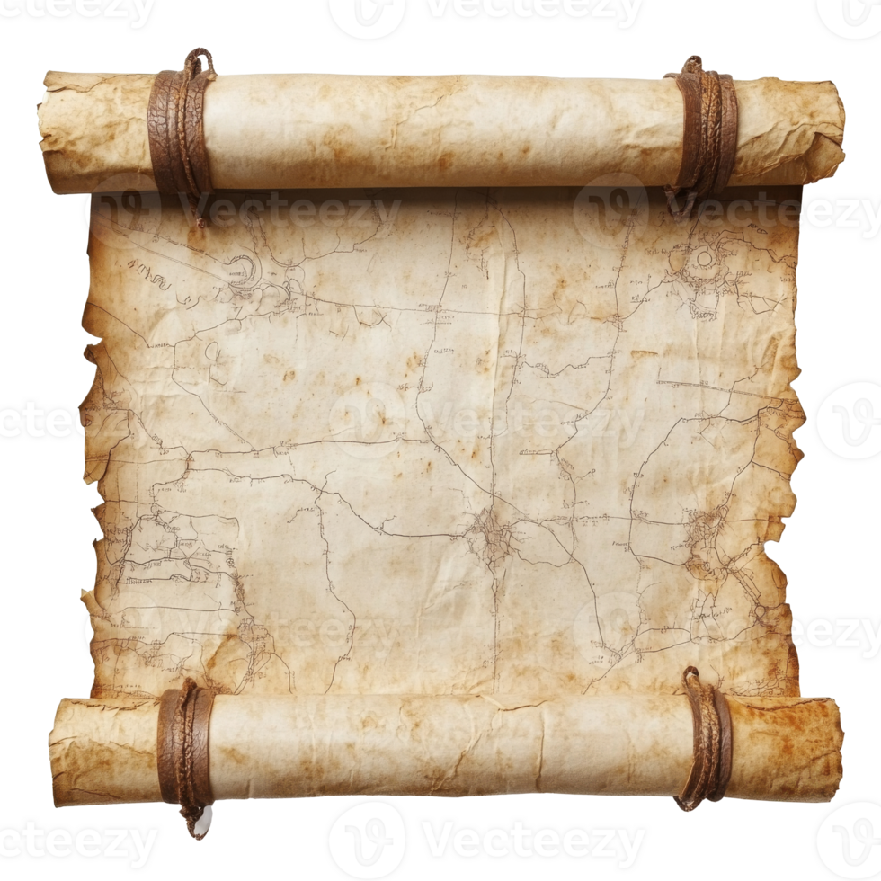 Ancient treasure map with rolled parchment detail png