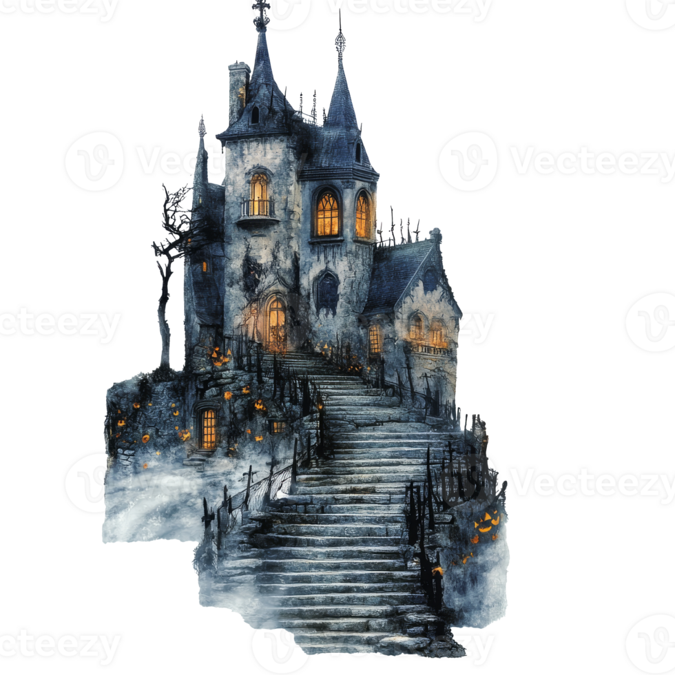 Foggy haunted house with pumpkins png