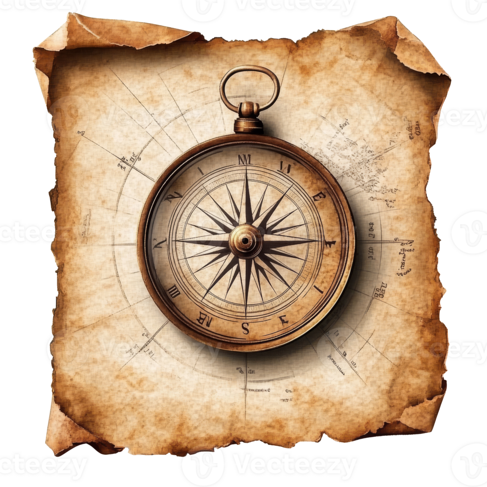 Classic compass on aged map with vintage style png