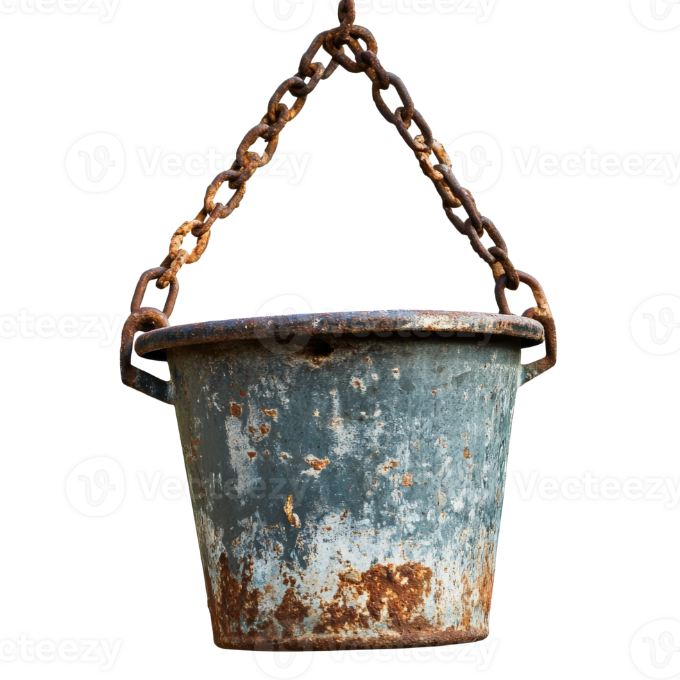 Metal bucket hanging from a rusted chain png