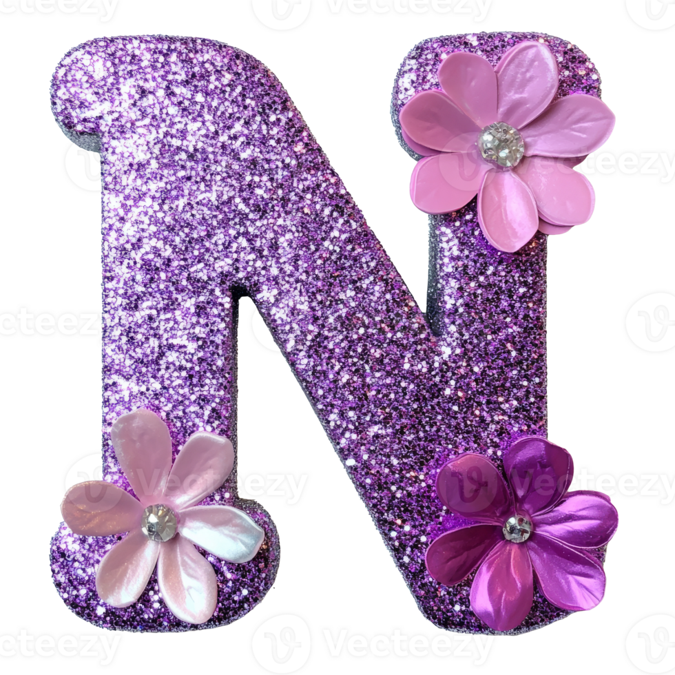 Decorated letter N with glitter and flowers png