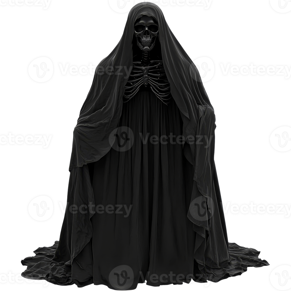 Still spooky skeleton in a dark cloak png