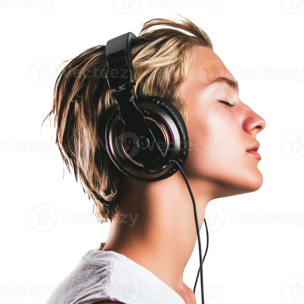 Teen with headphones, side view png