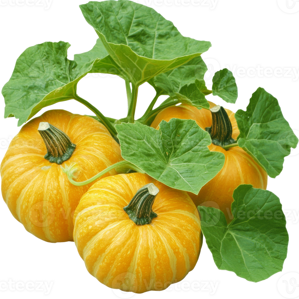 Bright yellow pumpkins with green leaves on vine png