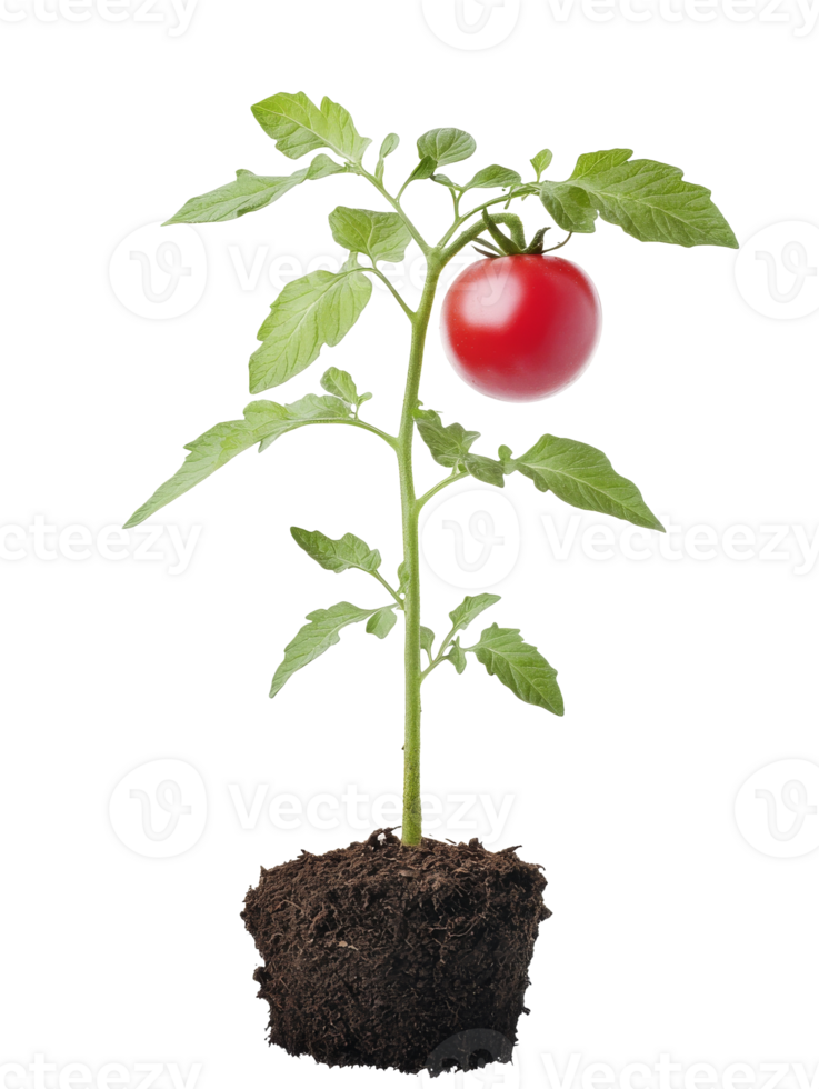 Healthy tomato plant growing a ripe fruit png
