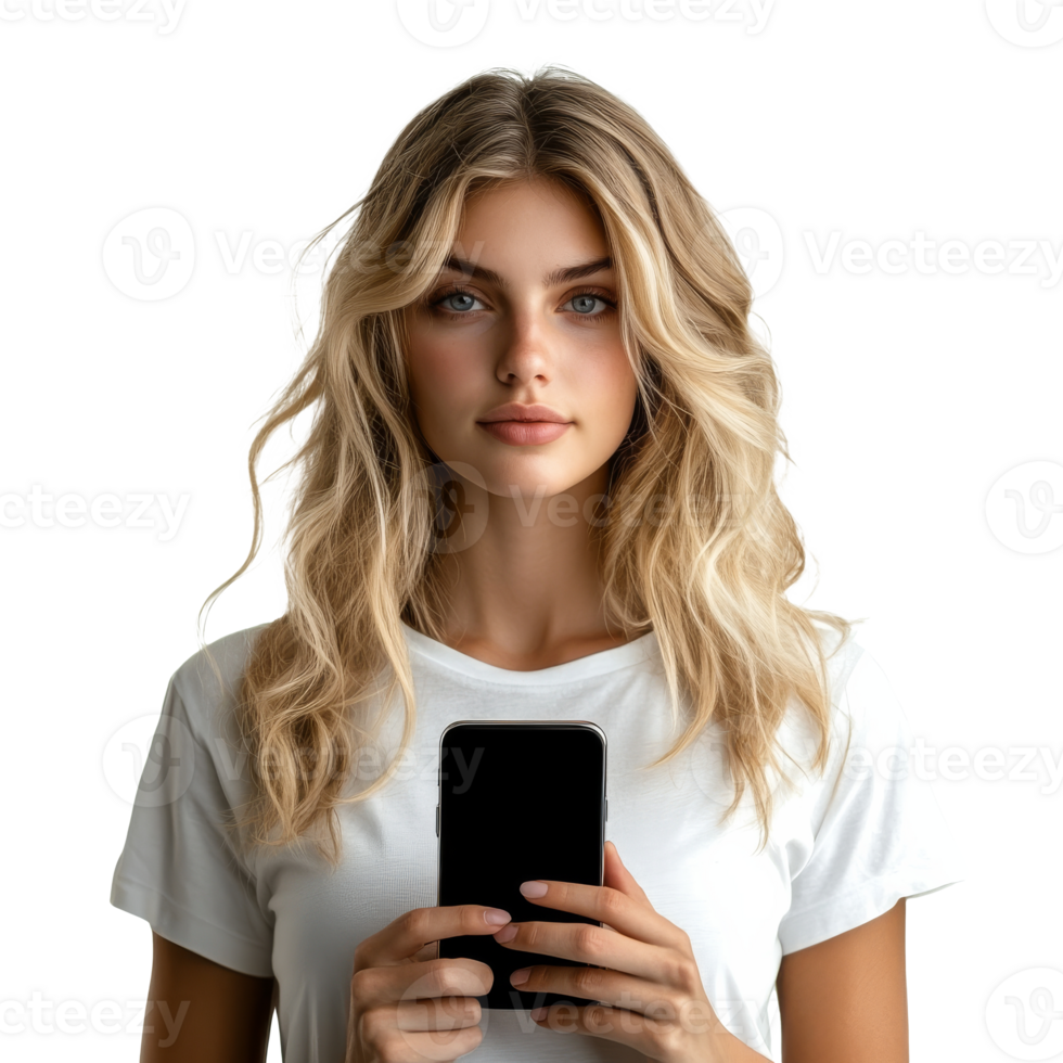 Young woman posing for a picture with smartphone png