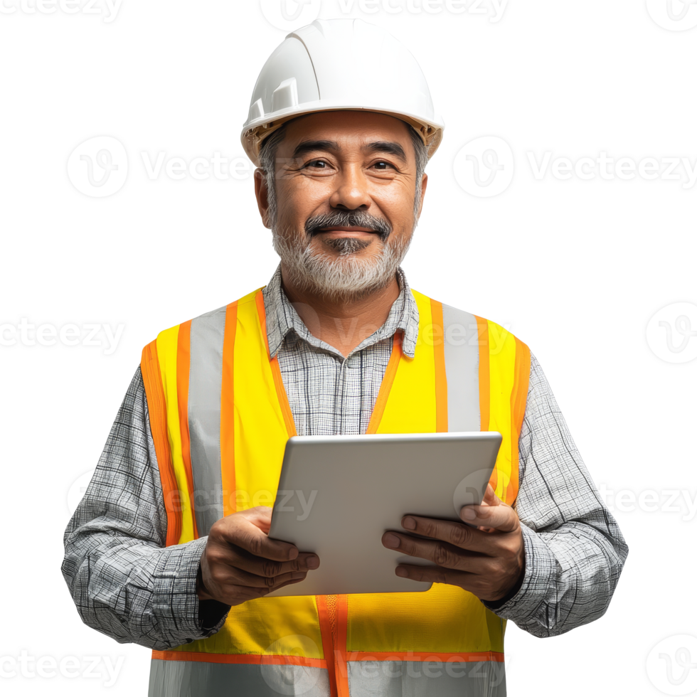 Construction worker using tablet for safety checks png